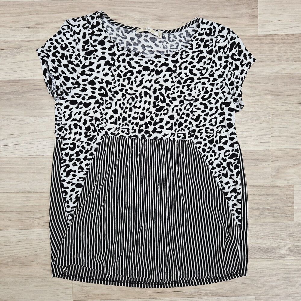 ANDREE BY UNIT Womens White Black Leather Print Stripe Shirt Size Small